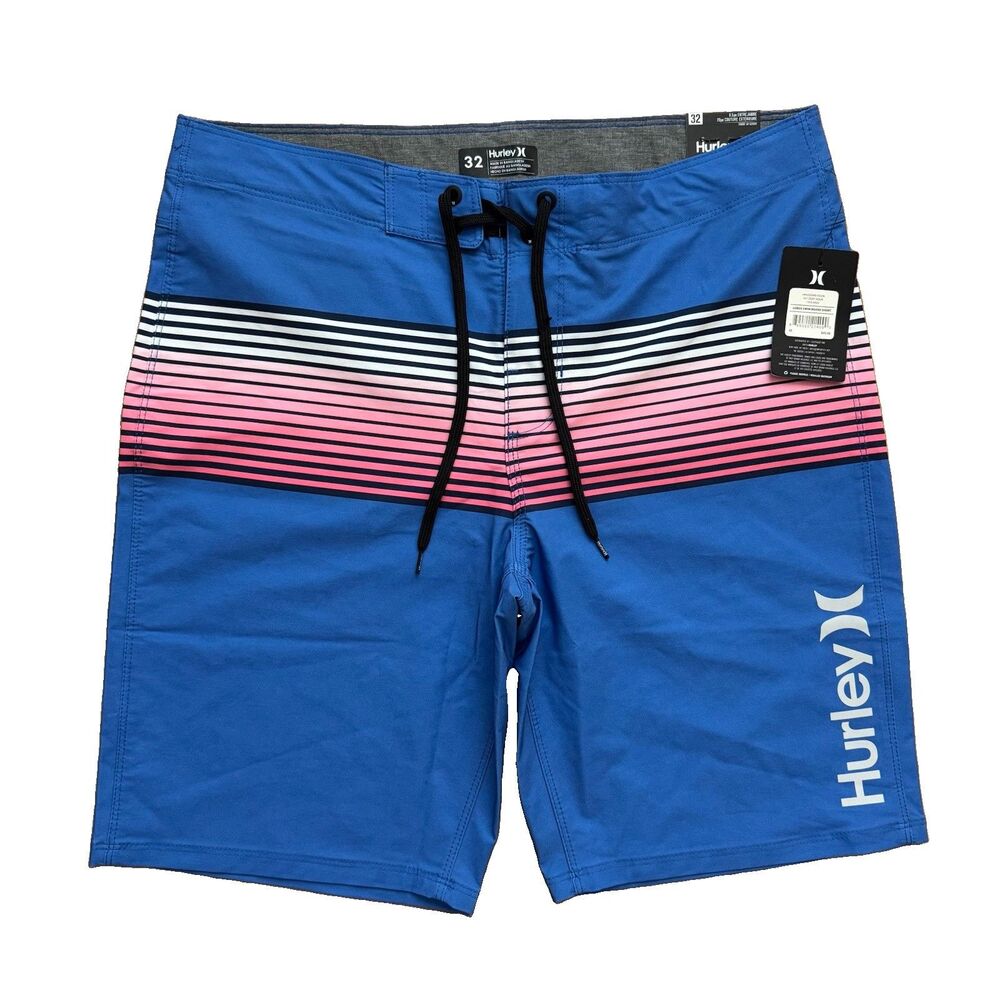 New Hurley Mens 32 Lobos Board Shorts Deep Aqua Blue Gradient Stripe Swim Trunks